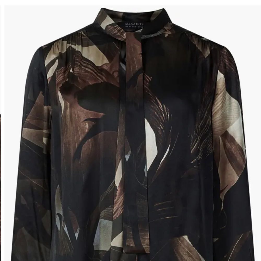 All Saints Black Satin Abstract Floral Tie-Neck Blouse with Bronze Accents - Picture 10 of 16